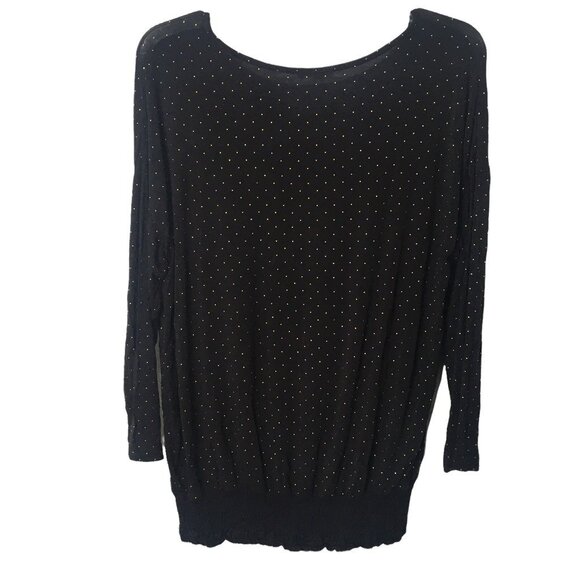 Shirt Women Large Black Gold Polka Dot Smocked Hem Stretch Como Blu - Picture 2 of 7